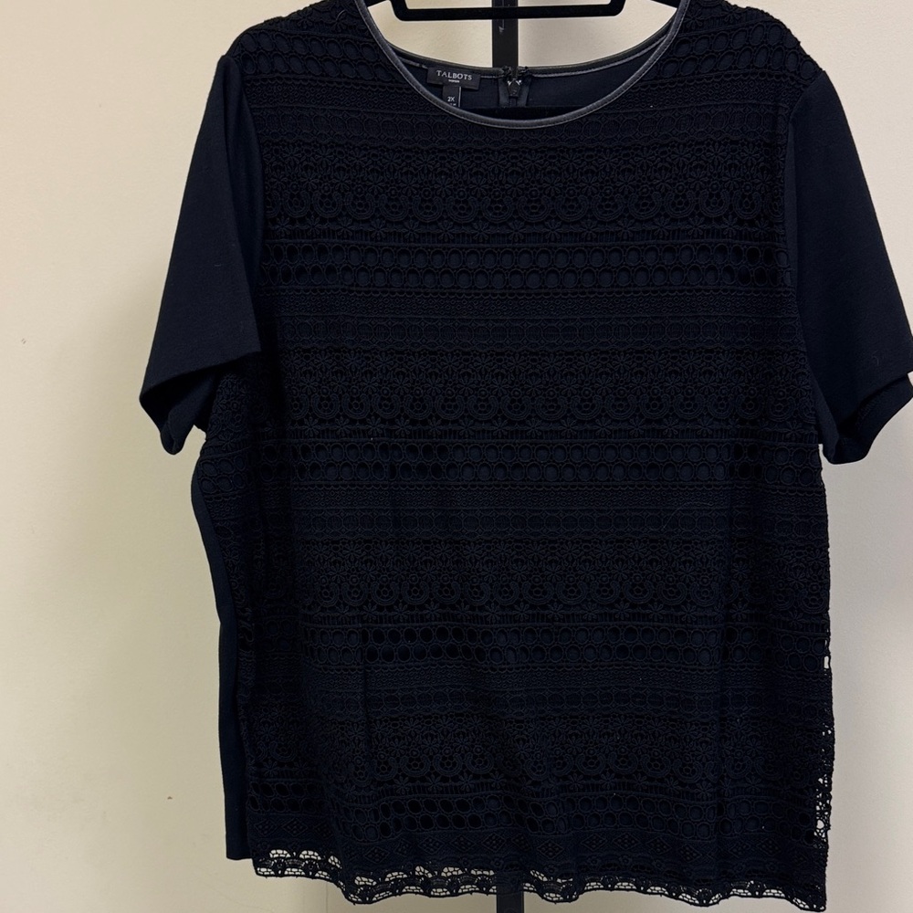 Talbots Black Crochet Lace Short Sleeve Top